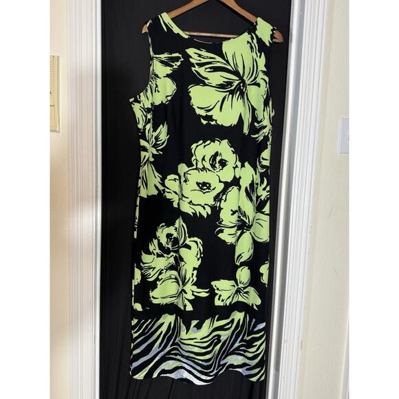 Maya Brooke Dress 18W Midi Tank Sheath Business Slit Stretch Lime Black Floral - Picture 2 of 6